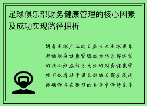 足球俱乐部财务健康管理的核心因素及成功实现路径探析 足球俱乐部财务健康管理的核心因素及成功实现路径探析